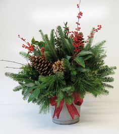 a potted plant with red ribbon and pine cones in it on a white background