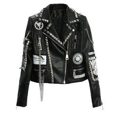 Punk Rock Chained Studded Leather Jacket Streetwear Fashion Shorts, Punk Leather Jacket, Black Leather Jackets, Mode Punk, Womens Black Leather Jacket, Studded Leather Jacket, Moda Streetwear, Streetwear Mode, Moda Punk