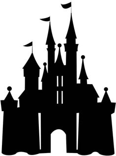 a black and white silhouette of a castle with flags flying in the sky above it