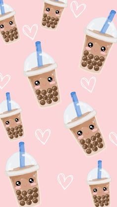 a pink background with coffee cups and hearts on the bottom one has a blue straw in it