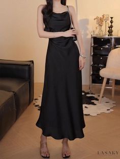 Lasaky - Exquisite Long Skirt with Customized Fastening Modest Silk Dress, Black Silk Dress Long, Silk Black Dress, Black Silk Dress, Silk Dress Long, Long Black Dress, Dress With Tie, Long Gown, Types Of Skirts