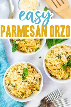 three white bowls filled with parmesan orzo on top of a blue towel