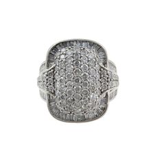 This ring features beautiful displays of diamonds setting... The head of the ring has a total of 58 round diamonds(0.03ct each), and 44 baguettes(0.015ct each). This is further accented by 25 more round diamonds on the shank(0.0075ct-0.012ct each) and 32 more baguettes(0.015ct each). This leaves the ring with an overall diamond weight of 3.11ctw.  Gender: Unisex  Material: Gold  Gold Color: White  Gold Karat: 10K  Weight: 10.4  Ring Size: 6  Center Stone Type: Diamond  Center Stone Shape: Round Real Gold Jewelry, Beautiful Diamond Rings, White Gold Diamond Rings, Sell Gold, Diamond Settings, Diamond Cluster Ring, Anniversary Bands, Color Dorado, Baguette Diamond