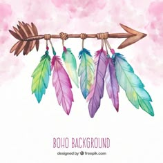 watercolor feathers hanging from a branch with the words boho background