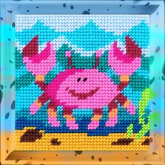 an image of a cross stitched picture of a pink pig on the beach with blue sky and clouds in the background