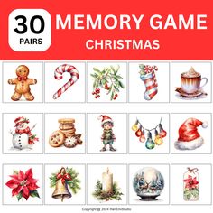 the christmas memory game is shown in red and white, with images of holiday items