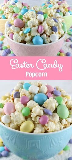 two bowls filled with easter candy popcorn