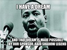 a man making a speech with microphones in front of him that says i have a dream and that dream is made possible by our sponsor, rad shadow legend