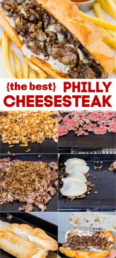 the best philly cheesesteak recipe is made with beef, onions and french fries