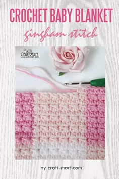 the crochet baby blanket pattern is shown in pink and white