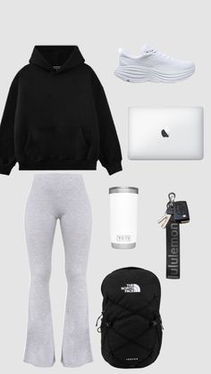 Baddie Outfits With Black Leggings, Lazy Day Outfits For School Fall, Black Hoodie And Leggings Outfit, Warm Airport Outfit, Comfy Outfits Lazy School, Pink Nikes Outfit, College Class Outfits Comfy, Cute Airport Fits, Comfy Winter Outfits For School