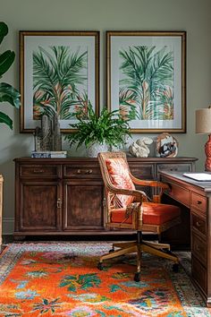 a desk with a chair, lamp and potted plant in front of two paintings on the wall