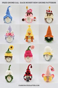 crocheted gnome hats with different designs and colors