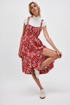 Laters Baby, Midi Dress Style, Red Midi Dress, Plaid Print, Free People Dress, Fitted Bodice, Square Neckline, Boho Outfits, Shoulder Straps