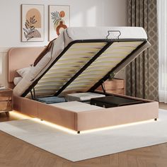 a bed with a light underneath it in a room