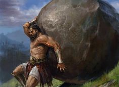 a painting of a man carrying a large rock