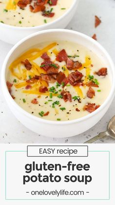 two bowls of creamy gluten - free potato soup with bacon and cheese on top