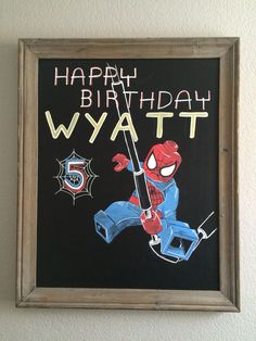 a spiderman birthday card is hanging on the wall