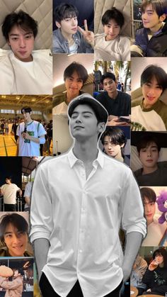 the collage shows many different people in white shirts and black pants, one with his hands on his hips