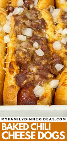 baked chili cheese dogs with onions on them