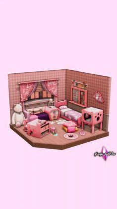 a pink doll house with furniture and accessories