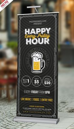 a black and white happy hour sign with a beer mug on it's side