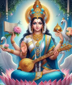 the hindu goddess is holding a musical instrument and surrounded by swans, lotuses and flowers