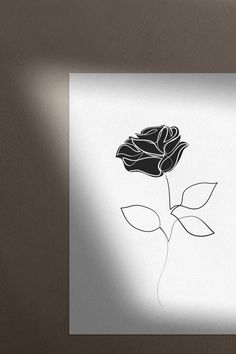 a black and white drawing of a single rose on a sheet of paper with the shadow of a light coming from behind it