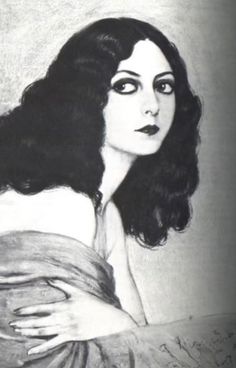 a black and white drawing of a woman with long dark hair, wearing a dress