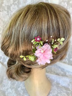 "A breath of fresh air! Spring greens and delicate pink floral hair clip. Fluffy pink blossoms with pearls in their middles surrounded by flouncy greens and some tiny deep mauve wildflowers! How fun! A darling accent for your wedding day hair or happy maids and flower girls! The floral portion of this clip measures about 3\" to 3 1/2\". To view full crowns and wreaths: https://www.etsy.com/shop/ThePepperedRose?ref=listing-shop-header-item-count§ion_id=20743043 To view hair pins: https://www.etsy Bridesmaid Hair Clips, Hair Clip Flower, Flower Girl Hair, Light Pink Hair, Wedding Barrettes, Floral Hair Clip, Flower Girl Hairstyles, Hair Wedding, Sunflower Wedding