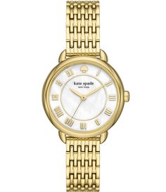 From kate spade new york&#x2C; this women's watch features: Gold-tone stainless steel bracelet and caseMother-of-pearl satin dial2 pusher foldover clasp closureThree-hand movementStrap width approx. 14mmCase size approx. 34mmCase thickness approx. 7.6mmInner Circumference: 175 /- 5mmWater Resistance: 3 ATMImported. Gold Women’s Watch, Gold Dainty Watch, Icebox Jewelry, Accessories Watches Women, Gold Womens Watch, Tiffany Bracelet, Fashion Thrift, Kate Spade Watch, Perfect Handbag