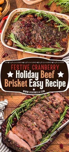 holiday beef brisket recipe in a casserole dish with rosemary garnish