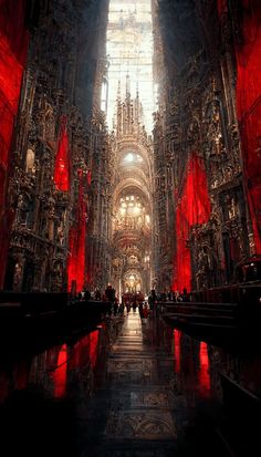 the inside of a cathedral with red curtains