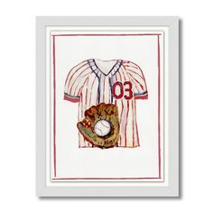 a painting of a baseball jersey with a mitt and ball in front of it