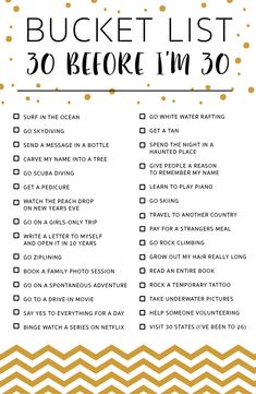 the bucket list for 30 before i'm 30 is shown in gold and white