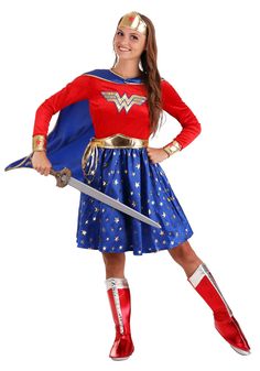 Adult Wonder Woman LongSleeved Dress Wonder Outfit, Target Outfits, Wonder Woman Dress, Knit Fabric Dress, Plus Size Halloween Costume, Woman Costume, Girls Long Sleeve Dresses, Super Hero Outfits, Wonder Woman Logo