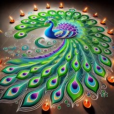 a peacock with candles on it's face and its feathers spread out to the side