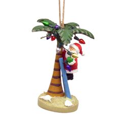 a christmas ornament hanging from a palm tree with santa clause on it's back