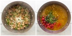 two pictures showing the process of making soup in one pot, and then adding ingredients to the other