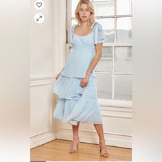 New Lulu’s Always Beside Me Light Blue Swiss Dot Tiered Midi Dress M Cottagecore Size M New With Tags Sold Out Online Retailed $79 Lulus Light Blue Dress, Mia Outfits, Dresses Light Blue, Spring Dance, Onederland Party, Lulus Dress, Cutout Shorts, Dress Code Wedding, Gathered Bodice