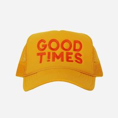 Good Times Trucker Hat – Uptown Hippie Cheap Multicolor Trucker Hat For Spring, Yellow Trucker Hat For Summer, Fun Letter Print Trucker Hat For Outdoor, Fun Trucker Hat With Letter Print For Outdoor, Fun Yellow Trucker Hat For Spring, Yellow Adjustable Trucker Hat With Letter Print, Yellow Letter Print Trucker Hat, Fun Yellow Snapback Trucker Hat, Trendy Yellow Hat With Letter Print