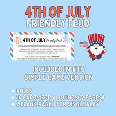 the 4th of july friendly feed has been added to this simple game version rules, cards for 4 rounds / 2 pages