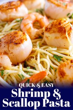 shrimp and scallop pasta in a white bowl