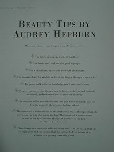 an advertisement for the beauty tips by audrey hebburnn book on display