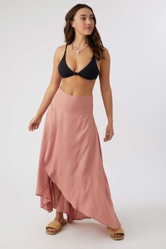 This breezy, high waisted skirt can be styled both casually and formally. The high low bottom hemline adds for a fun, effortless look. O'Neill Women's woven skirt 40" in length Wrap front skirt, high to low hem Wide waistband Zipper closure 100% Viscose | O'Neill Women's Ambrosio High-Low Maxi Skirt in Old Rose, Size Small, Viscose High Low Maxi Skirt, Casual Boho Style, Midi Skirt Casual, Boho Crop Tops, Nice Outfits, Pleated Maxi Skirt, Old Rose, Woman Weaving, Pleated Maxi