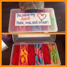 there are many different colored toothbrushes in the box and one has a sign that says you have my heart, hook, line, and smile