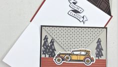 a card with an old car on it