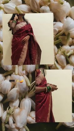 two pictures of a woman in a red sari and white turban with flowers around her