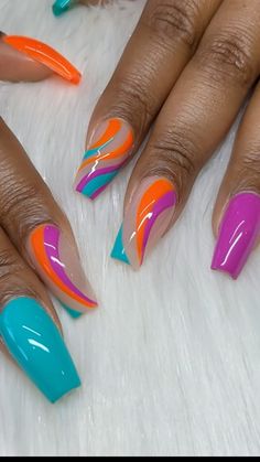 Summer Nail Designs 2024 Square, Hot Nails Trends 2024 Summer, Summer Nails Ideas 2024, Fun Neon Nails, Dip Nail Design, Orange And Purple Nails, Purple And Orange Nails, Nails Medium Almond, Acrylic Nails Stiletto