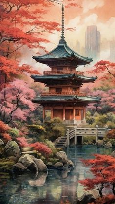 a painting of a pagoda in the middle of a forest with trees and flowers around it